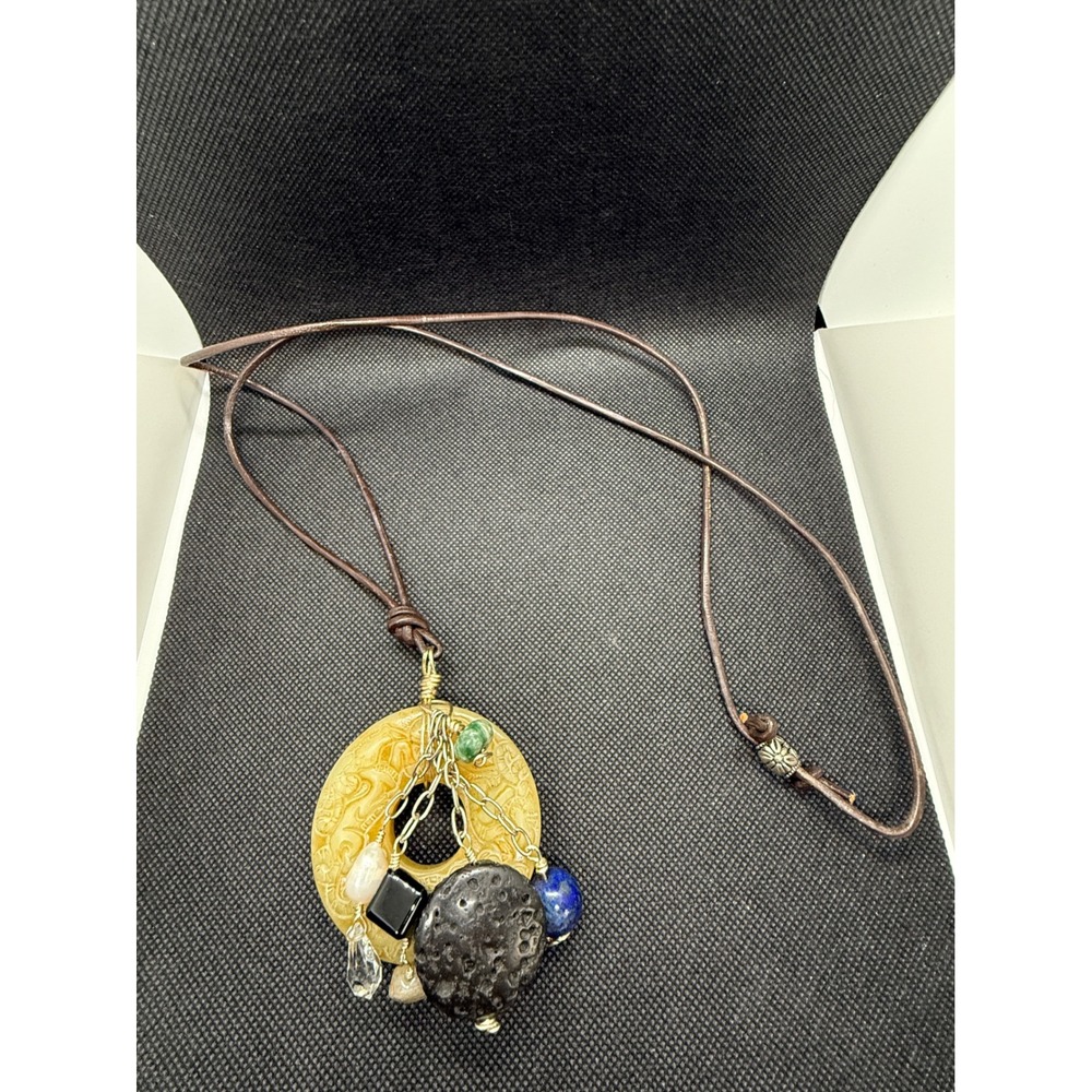 Handcrafted Carved Jade Style Donut Pendant Necklace Leather Cord Mixed Stones